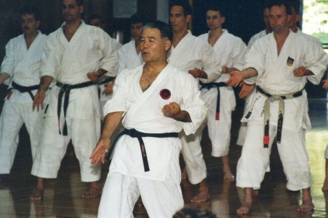 Training unter Leitung von Sensei Morio Hiragonna 10. Dan Goju-Ryu, anlässlich der Sommerschule der ITKF 2001 in San Diego/ USA unter Leitung von Sensei Nishiyama, der Autor ganz rechts